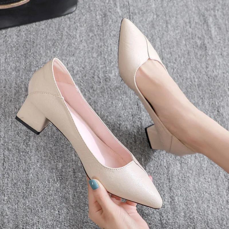 Black Chunky Heeled Women Shoes Square Heel PU Leather Shoes