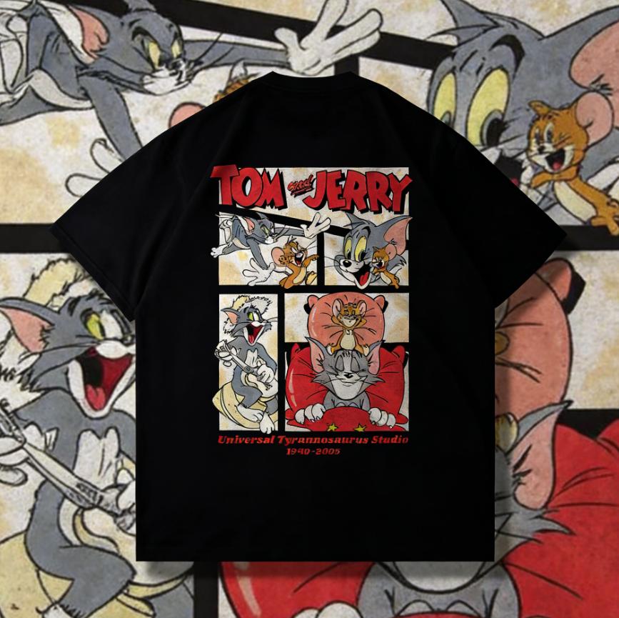 2026 Summer Comic Form Tom and Jerry Image 100 Cotton Printed Oversize Casual Tshirt Adult Children Parentchild Top Homewear