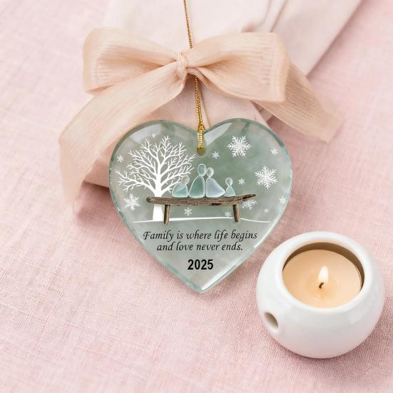 Heart-Shaped Sea Glass Family Ornament Handmade Sea Glass Art Heart Ornament for Christmas Tree Home Decor