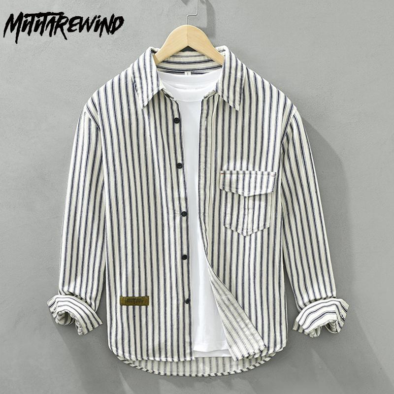 Japanese Retro Style Long Sleeve Striped Shirt Men Youth 100cotton Casual Loose Shirts with Pocket Spring/Autumn Men Clothing