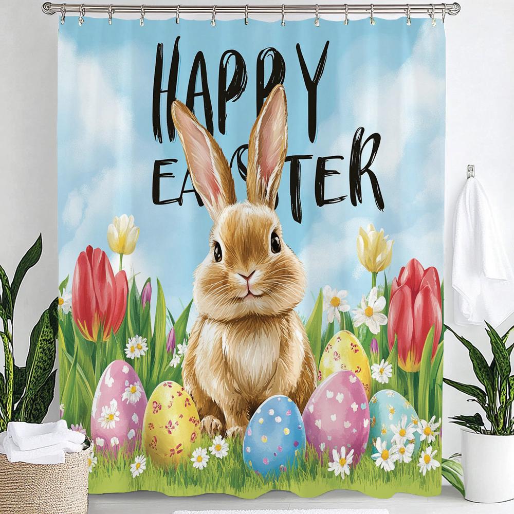 Cute Bunny Shower Curtain, Floral Colorful Eggs Wooden Plank Bowknot Bathroom Decorative Curtain, Waterproof Shower Curtain