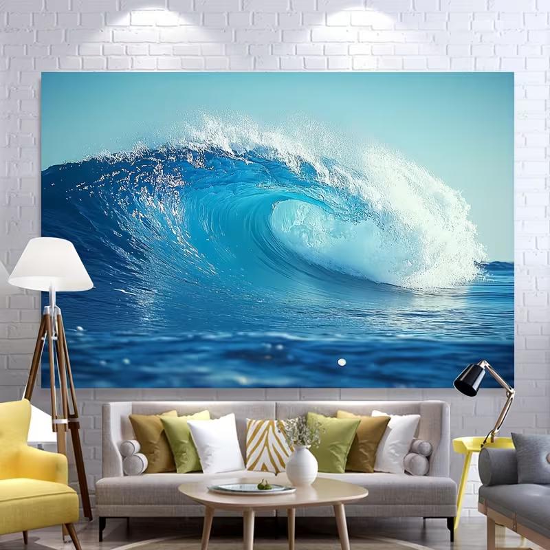2D Surfing Wave Tapestry, Blue Ocean Barrel Wave Background Cloth