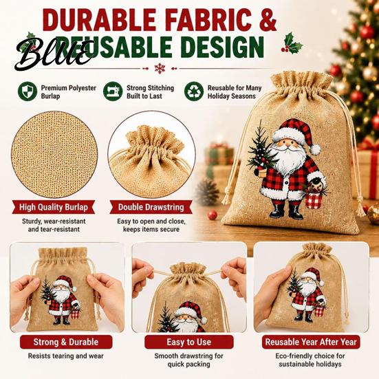 Christmas Party Favor Bags Jute Burlap Gift Bags, Drawstring Treat Candy Reusable Fabric Pouches Bag, Linen Packaging Pouch for Holiday Favors
