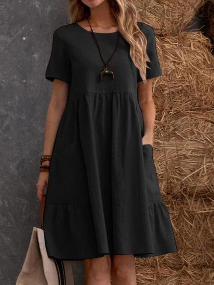 Summer Casual Women's Midi Dress Flowy Beach Dress with Pockets Short Sleeve Cotton Linen