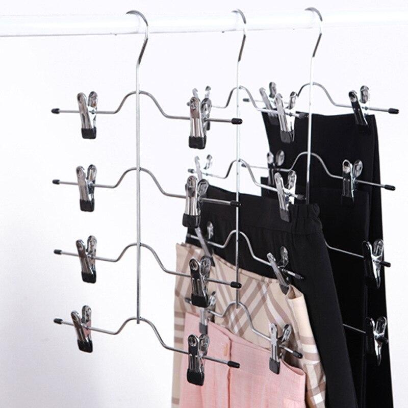 4-Layer MultiFunctional Stainless Steel Clothes Hangers With 8 Clips Pants Storage Rack Closet Organizer Space Saving 1PC