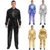 Mens Shiny Metallic Turn Down Collar Long Sleeve High Waist Jumpsuit Halloween Costume