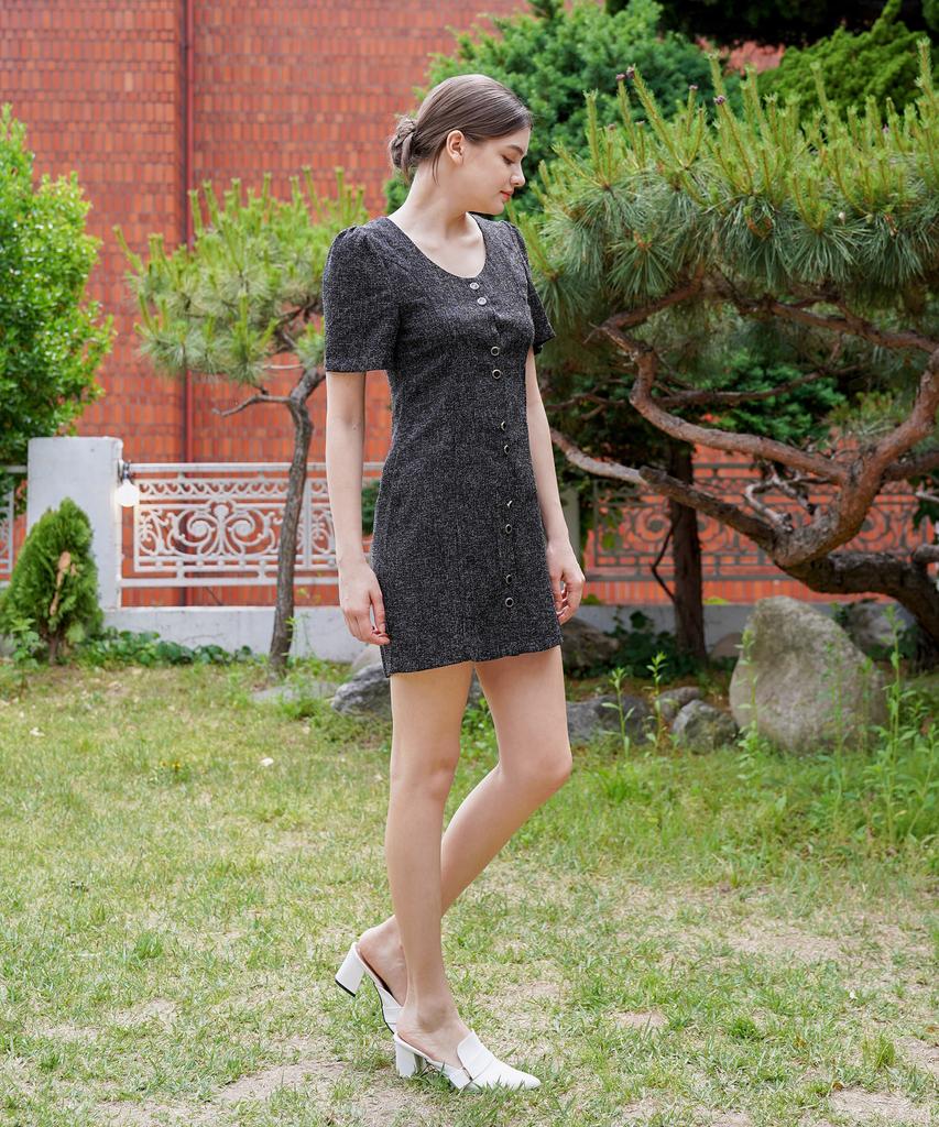Bye Bye Seop U-Neck Tweed Half Dress Black [T32]