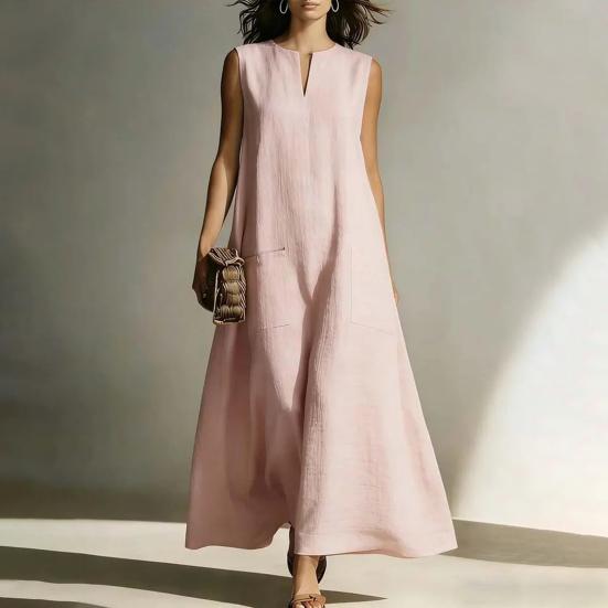 Summer Sleeveless Dress for Women Casual V Neck Long Tank Dress Flowy A-line Beach Sundress with Pockets