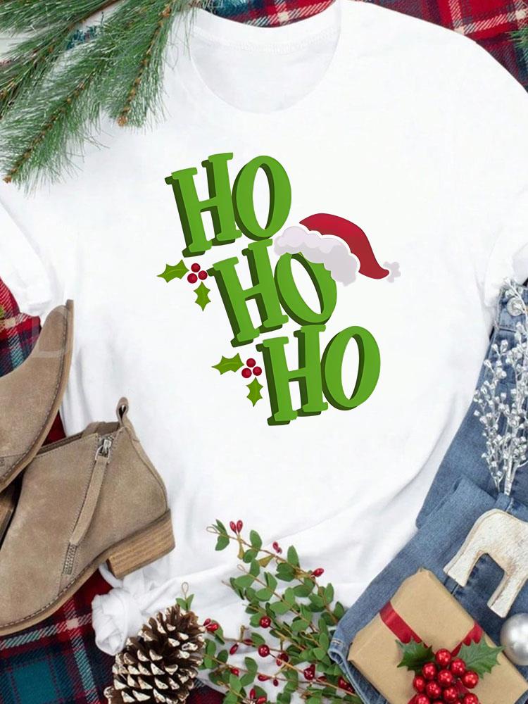 (Asian Size) New Year festival Women Print Holiday Tee Top Merry Christmas letter style cute Casual Lady Short Sleeve Fashion Graphic T-shirts