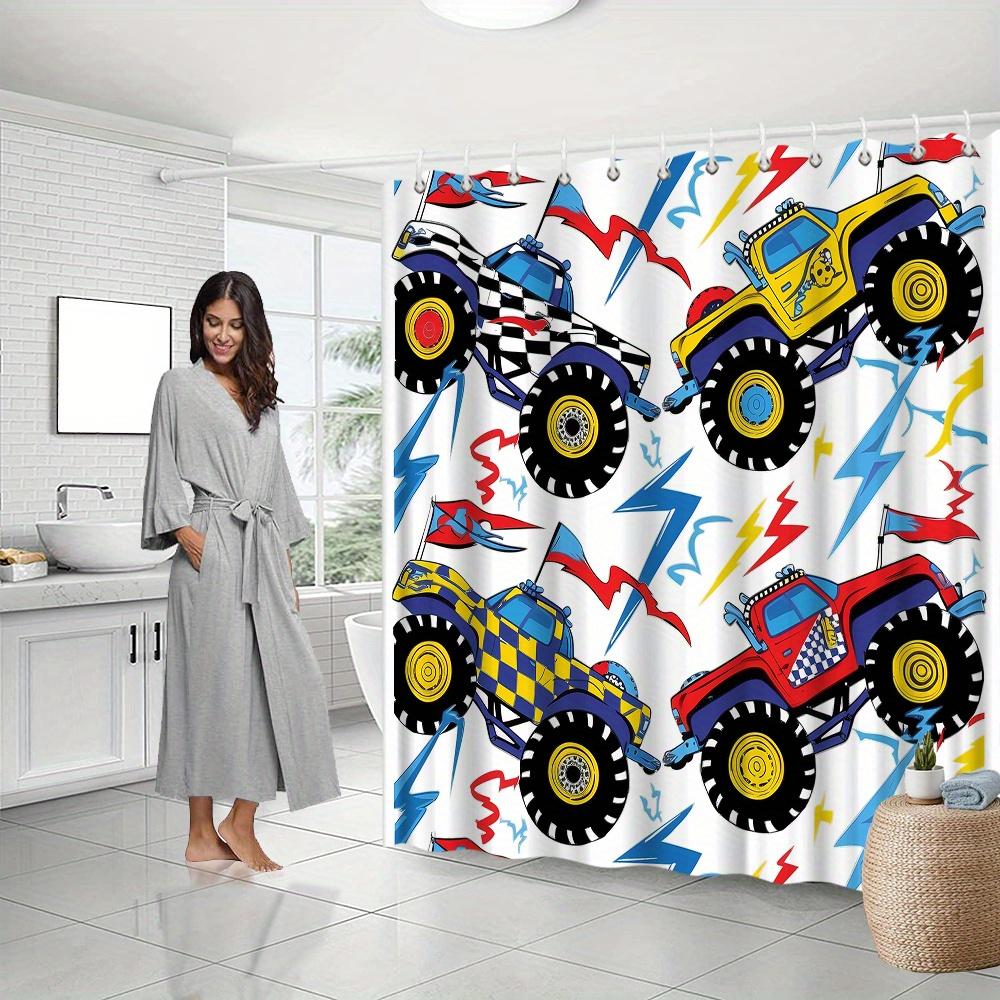 Monster Truck Shower Curtain – Playful Cartoon Cars, Bold Colors & Lightning Design, 70x70in, Polyester, Includes Hooks