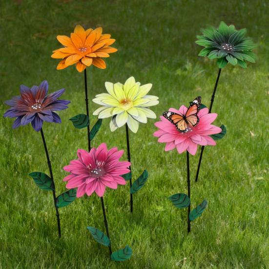 Metal Flower Garden Stake Weather-resistant Outdoor Yard Lawn Patio Pathway Realistic Iron Floral Stake Decoration Ornament