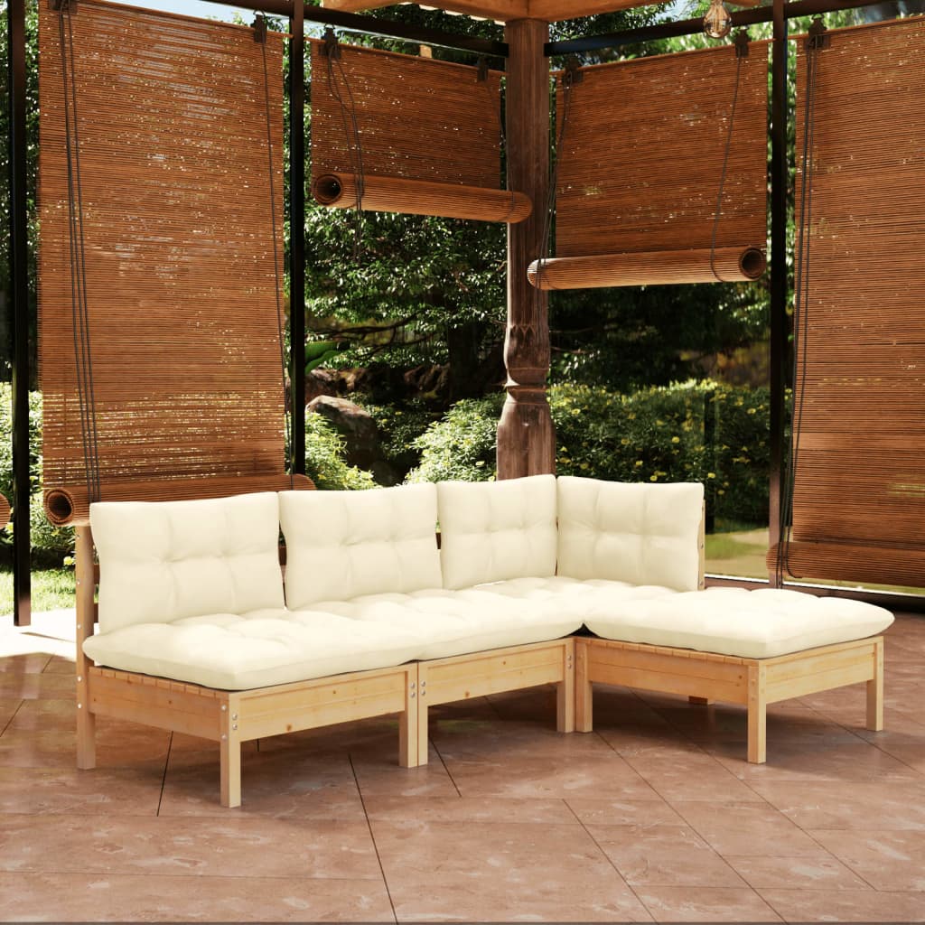 4 Piece Garden Lounge Set with Cream Cushions Pine Wood