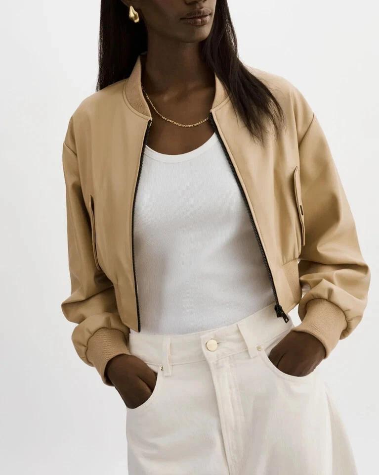Women Cream Handmade Soft Leather Jacket Bomber Cropped Genuine Lambskin Biker