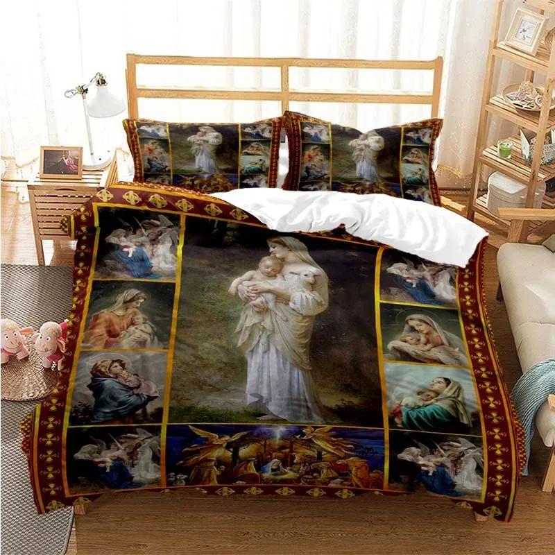 3D Jesus Virgin Mary Comfortable Duvet Quilt Cover Pillowcase Bedding Set Children Bedroom Decoration Home Textile