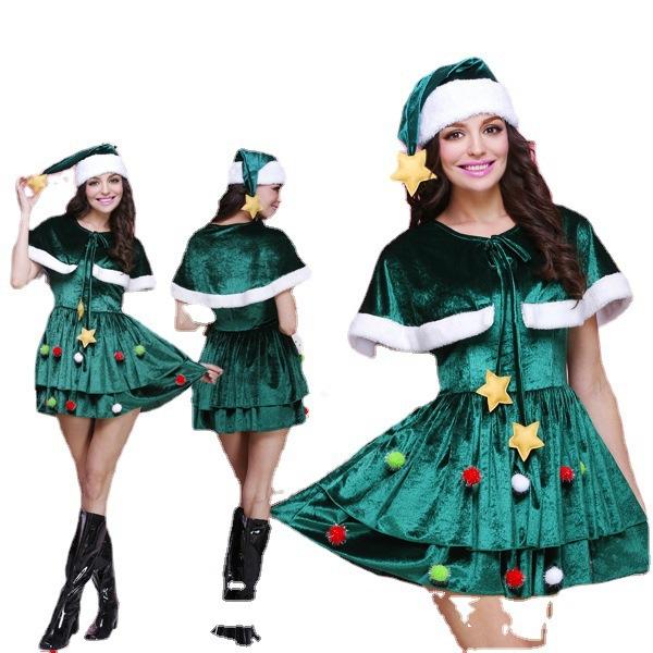 Robe verte à manches courtes pour femme sur le thème de l'arbre de Noël, Costume de Noël de fête style conte de fées tendance pour événements festifs