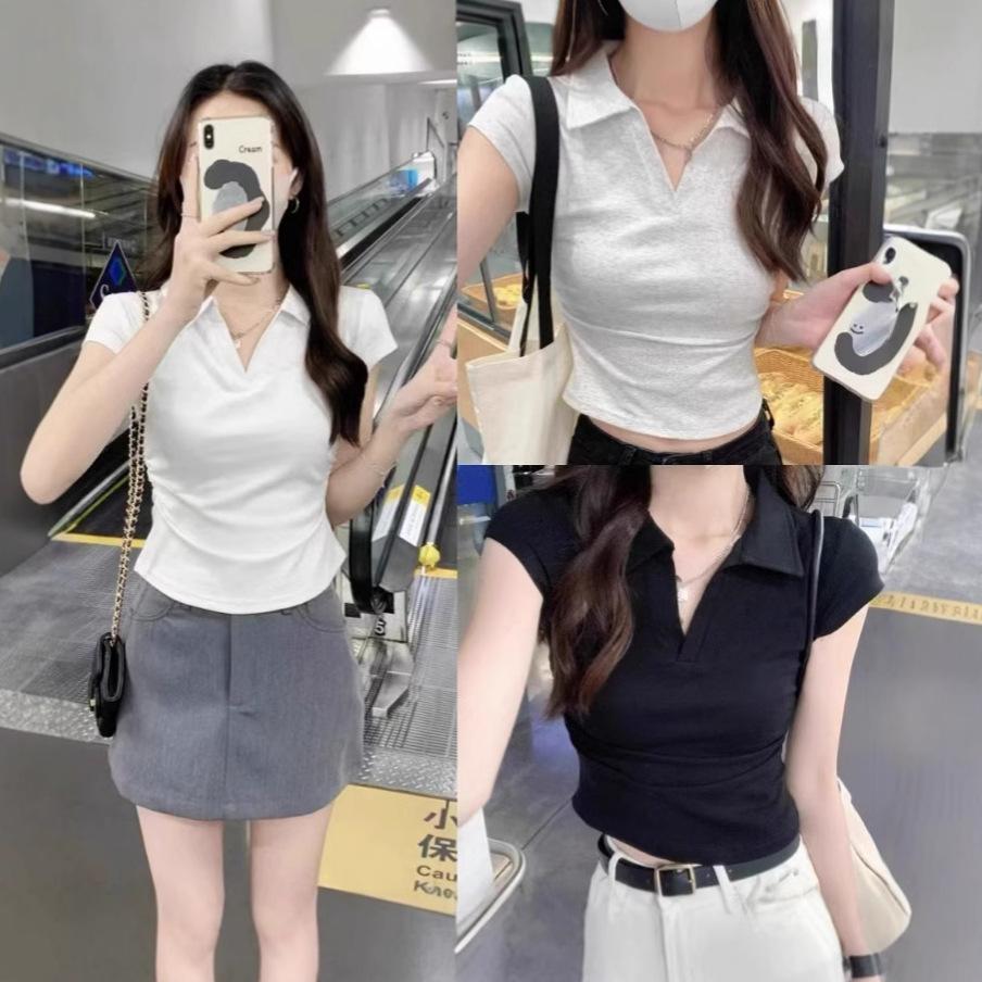 Ins Pure Desire Polo Collar Spice Girl Short Pleated Short-sleeved T-shirt Women's Summer Slim and Thin Short-sleeved Top Women's Wholesale