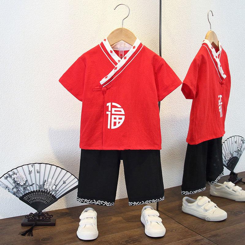 Boys Summer Suit Suit Handsome Children Chinese Style Cotton and Linen Summer Thin Section Baby Hanfu Two-piece Suit