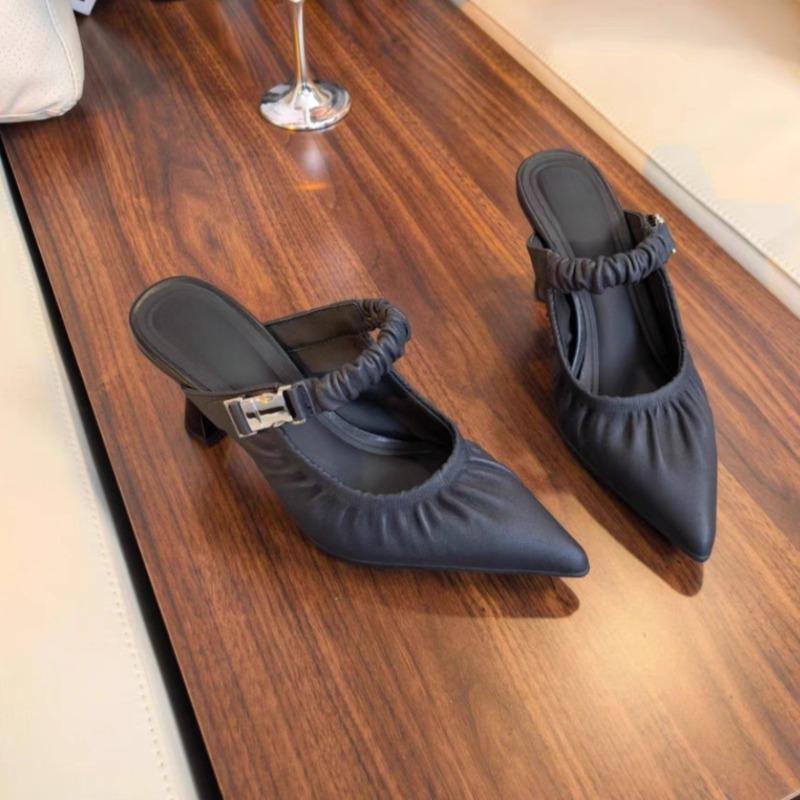 Pleated Pointed Toe Cool Mopping Summer New Baotou Shallow Mouth Metal Buckle One Slip Slip Stiletto High Heels