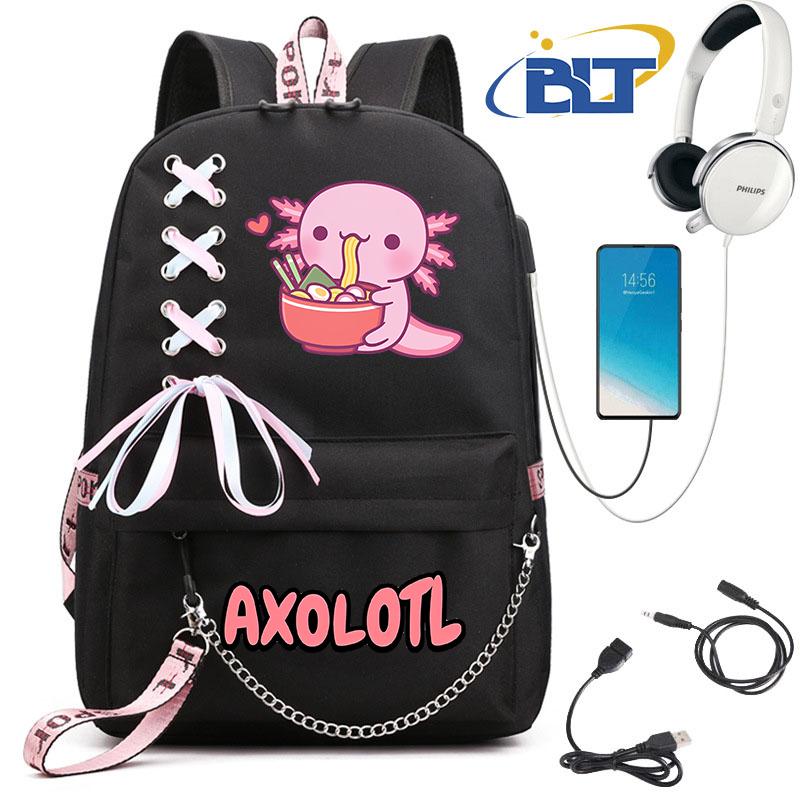 Niedlicher Axolotl bedruckter Schüler-Schulranzen für Mädchen schwarzer Rucksack USB Kinder Freizeittasche Geschenk zum Schulanfang