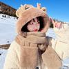 Cute Dragon Horn Bear Hat Scarf Integrated Women's Winter Gloves Cycling Thickened Dragon Treasure Three-in-one Small Antler Hat
