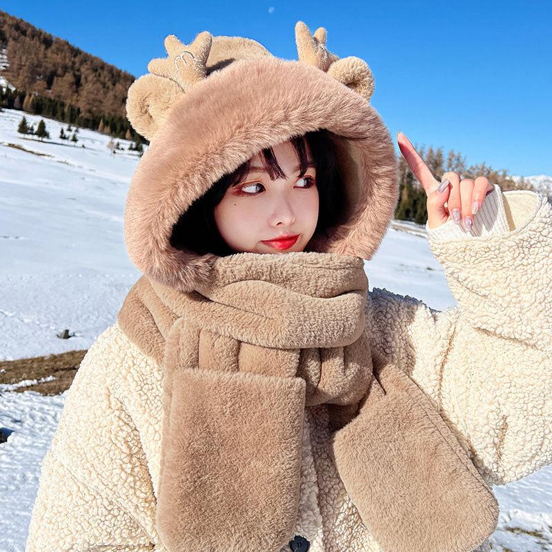 Cute Dragon Horn Bear Hat Scarf Integrated Women's Winter Gloves Cycling Thickened Dragon Treasure Three-in-one Small Antler Hat