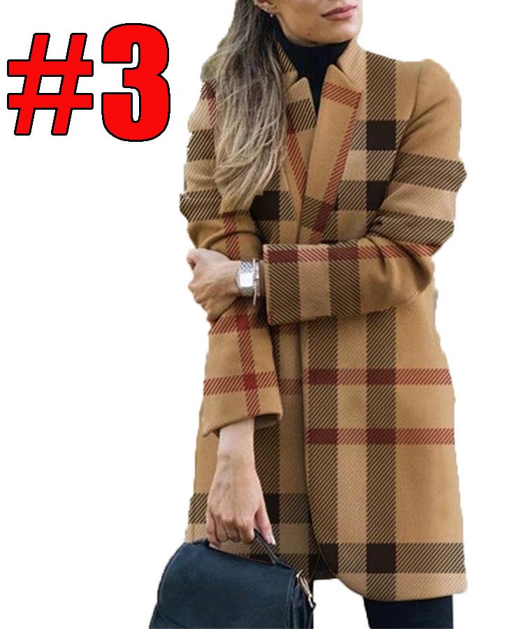 Women's European and American Fashion Woolen Coat - Autumn/Winter 2022, Print Stand Collar Design