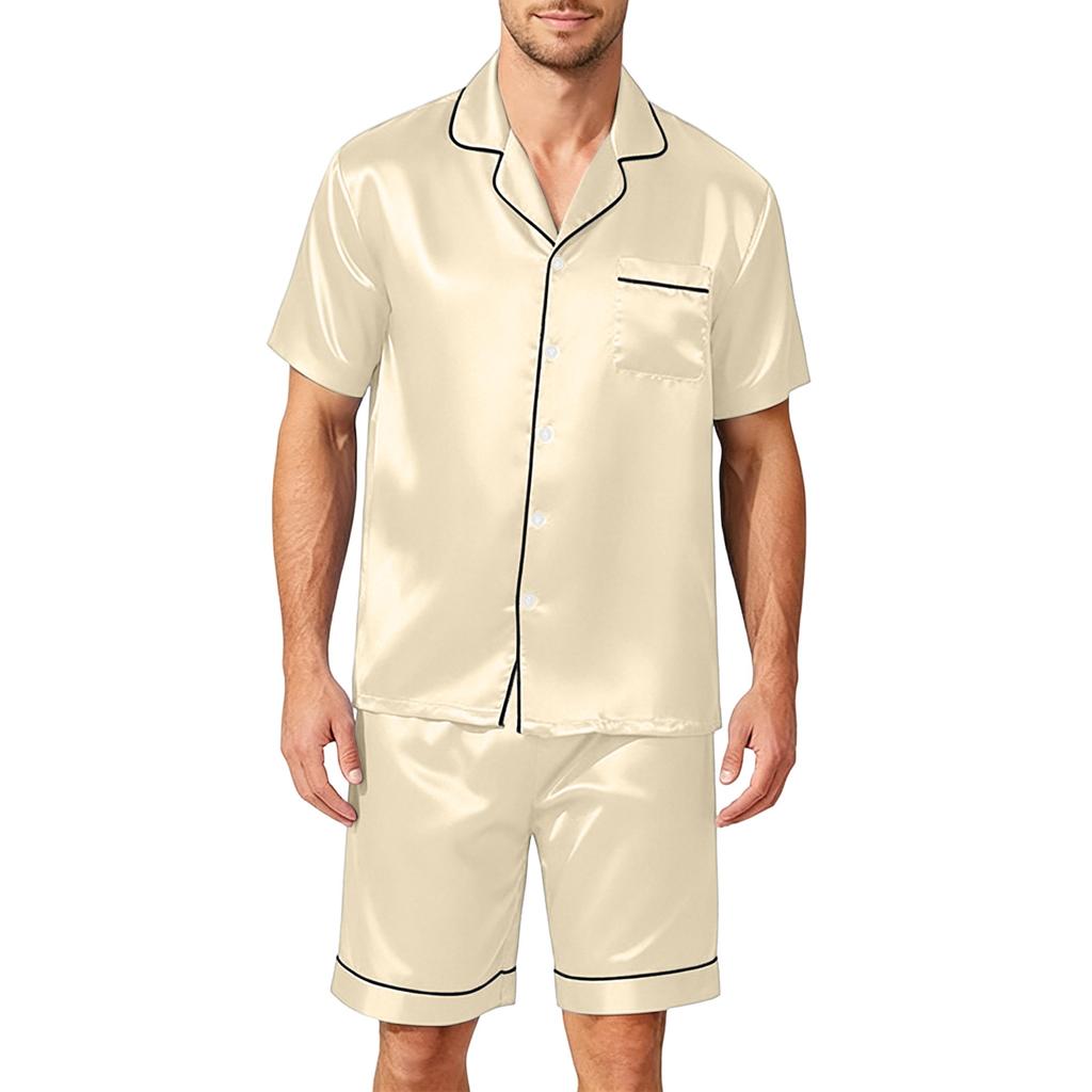 Set Pijama Satinat cu Mânecă Scurtă pentru Bărbați Cămașă cu Nasturi și Buzunar și Pantaloni Scurți Asortați Set Două Piese pentru Somn