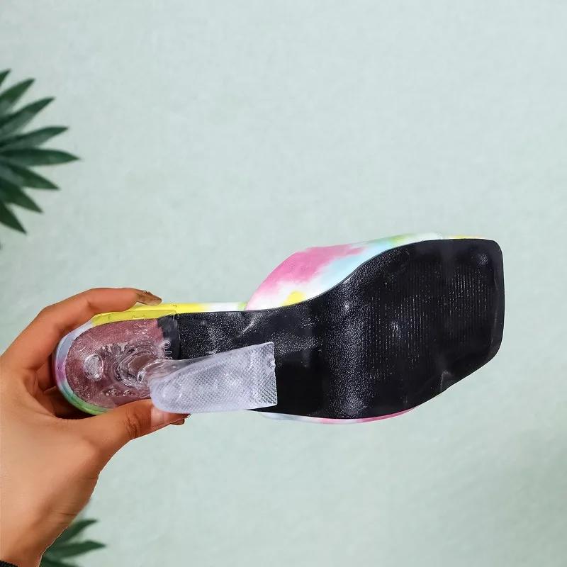Fashion 2025 Summer Plus Size Women's Open Toe Slippers Hot Sale Printing Square Toe High Heels Sandals Fashion Dress Party Slippers