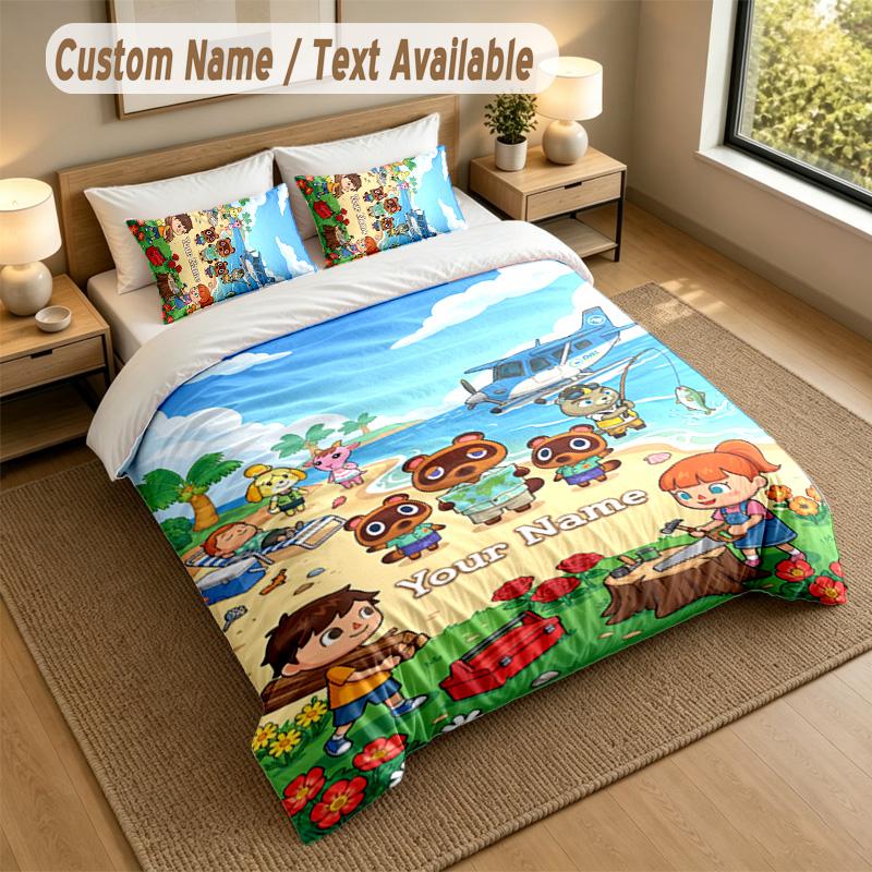 3Pcs Bedding Set Custom Name Text, 1 Sheet 2 Pillowcases Home Bed DecorAnimal Crossing