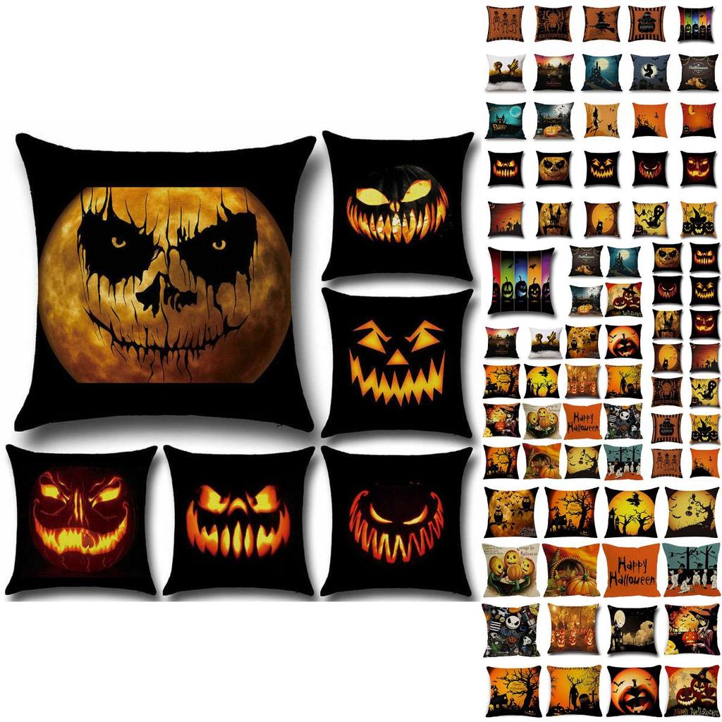 Halloween Witch Castle Linen Throw Pillow Case With Invisible Zipper And Pumpkin Pattern