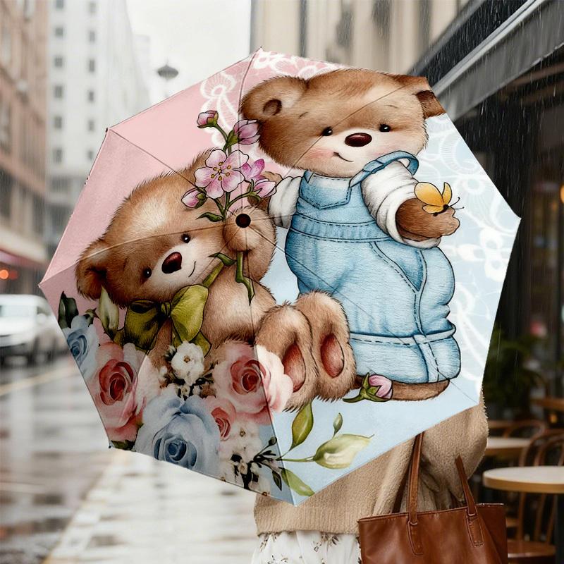 1pc Teddy Bears Flowers Automatic Folding Umbrella, Heavy Duty 8 Rib Iron Frame,  Suitable for Travel, Daily Use, Birthday, Decor Gift m0104025