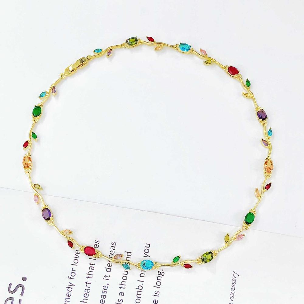 Multicolour Zircon Necklace Light Luxury Crystal Leaf Necklace Elegant Vine Necklace  Women Girls