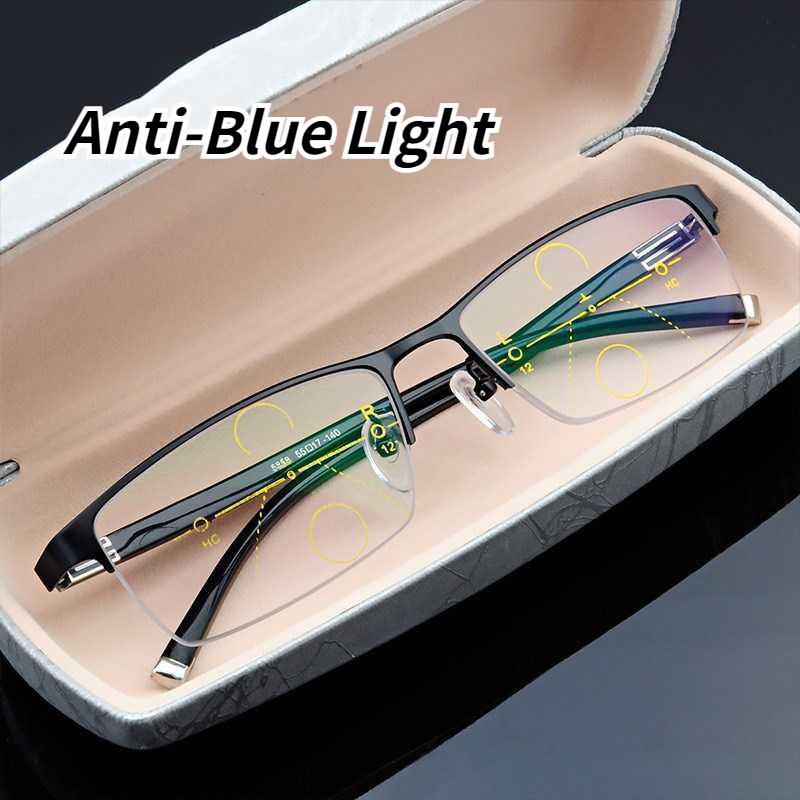 Multifocal Reading Glasses Progressive Bifocal Men Blue Light Blockingweight Blocking Glasses Metal Memory Material Superior Quality Reading Glasses