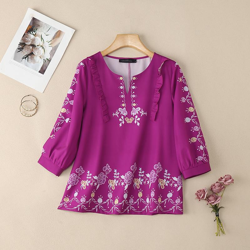 ZANZEA Damen Lässige V-Ausschnitt 3/4-Ärmel Bluse mit Blumendruck