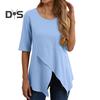 Women Tops Round Neck Half Sleeve Irregular Hem Pullover Tops Loose Fit Solid Color Casual T-shirt Daily Wear