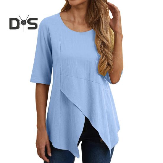 Women Tops Round Neck Half Sleeve Irregular Hem Pullover Tops Loose Fit Solid Color Casual T-shirt Daily Wear
