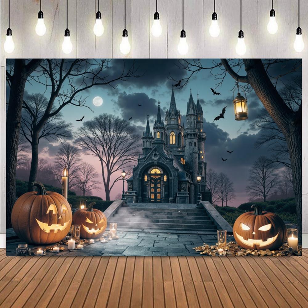 Background Halloween for Photography Night Dark Forest Castle Full Moon Pumpkin Lantern Bat Family Friends Party Photo Backdrops1