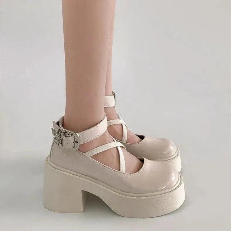 Scarpe Décolleté con Plateau Chunky e Tacchi Alti da Donna Autunno 2025 Pelle PU Scarpe alla Caviglia Donna Tacco Spesso Scarpe Bianche Lolita da Donna