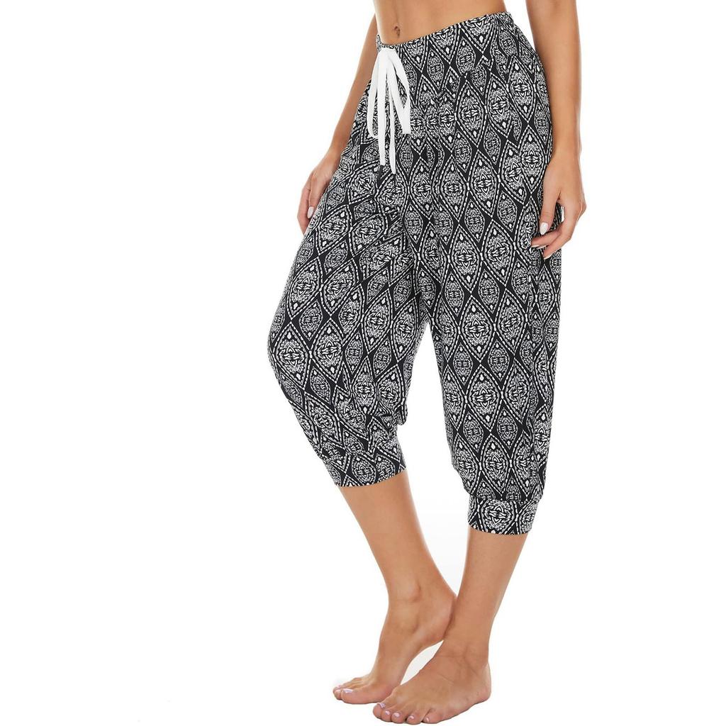 Women's Summer Loose Retro Printed Seven Pants Sweatpants Yoga Home Jogging Pants With Pockets