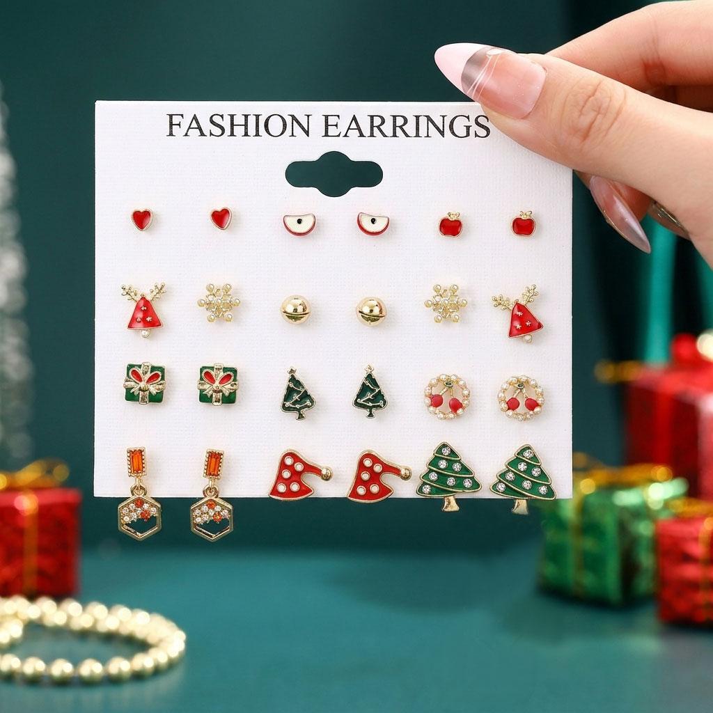 12/20 Pair Christmas Earring Set For Women Shiny Crystal Zircon Snowflake Elk Bowknot Elk Xmas Tree Earring New Year Gifts