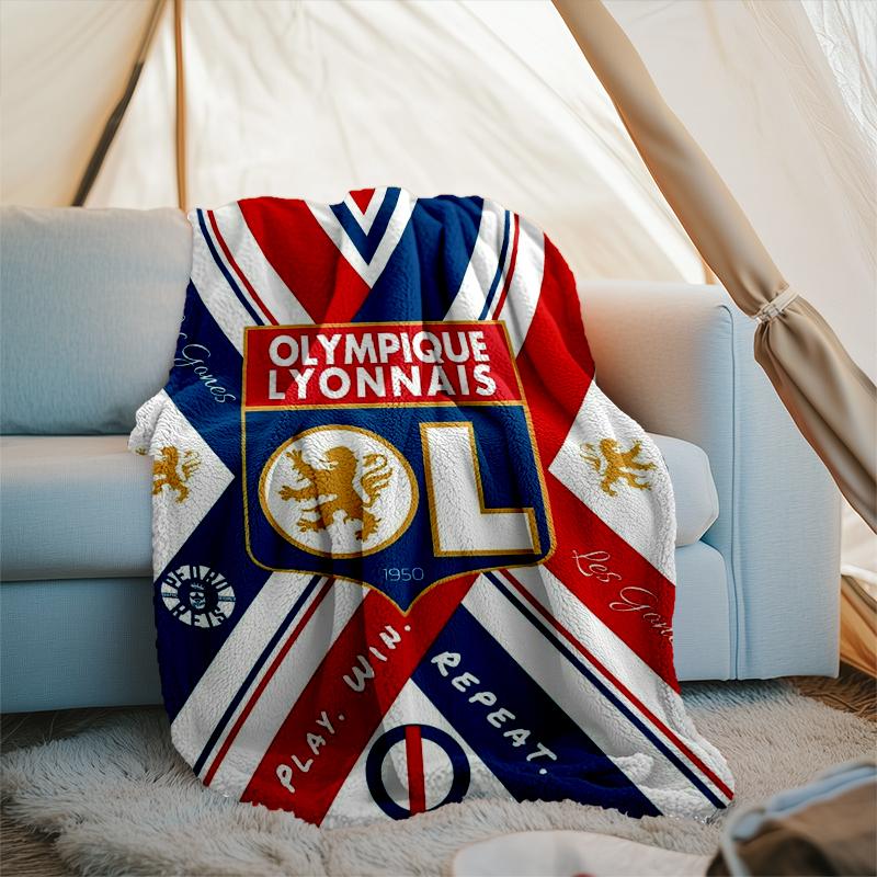 1PC Lyon Football Crest Design Printed Soft Flannel Blanket Throw for Adult Bedroom Living Room Sofa Camping Travel Fan gifts Christmas Gifts