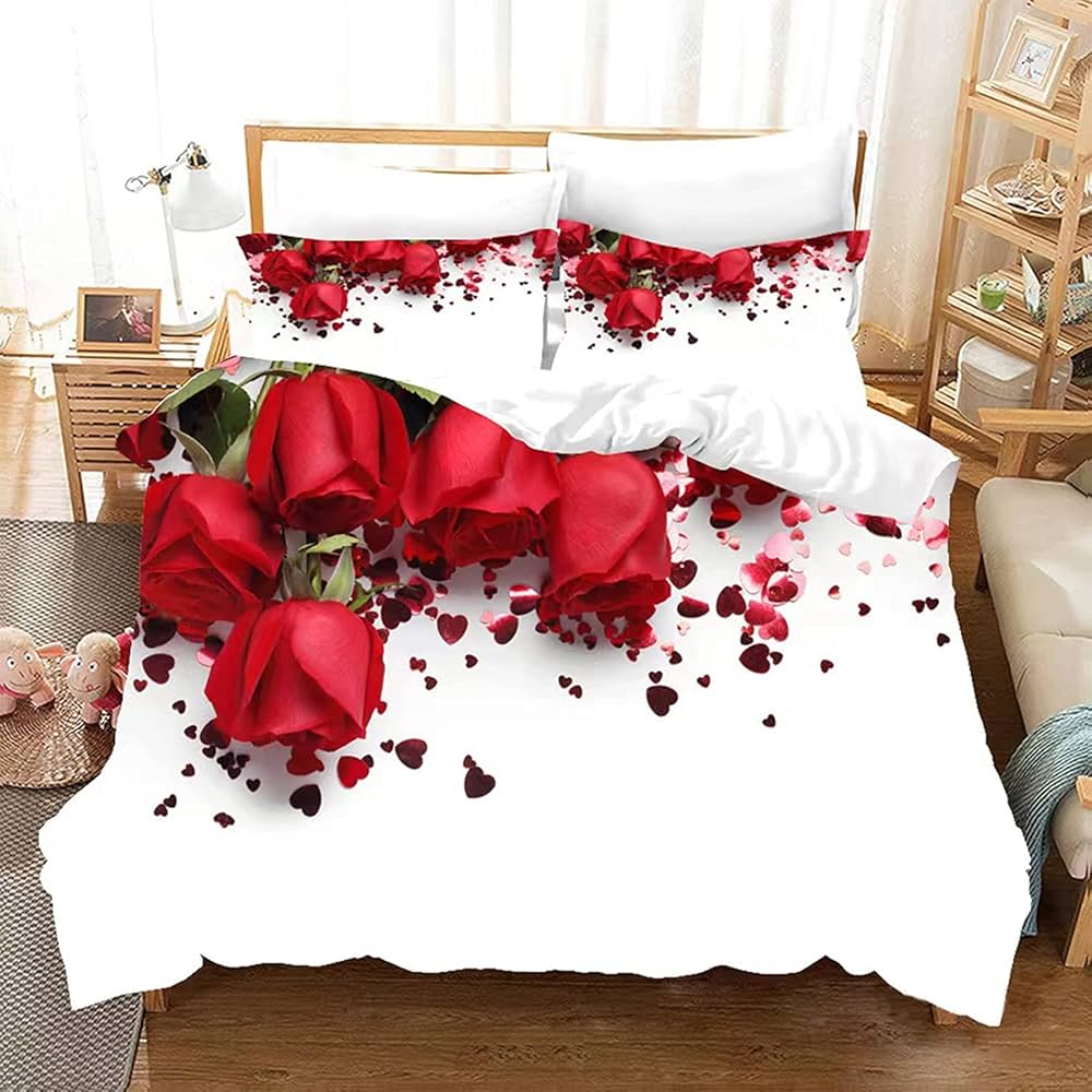 Rose Duvet Cover Queen,Romantic Floral Bedding Set for Girls Couple,Blossom Flowers Quilt Cover, Valentine's Day Bedspread Cover