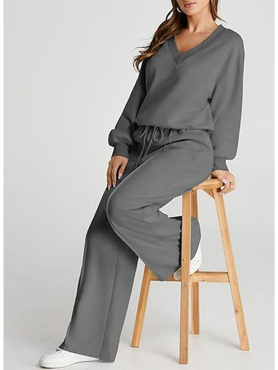 2025 Damen V-Ausschnitt Unifarben Lässiges Anzug-Set: Sweatshirt & Lange Hose - Europäische & Amerikanische Herbst/Winter Mode