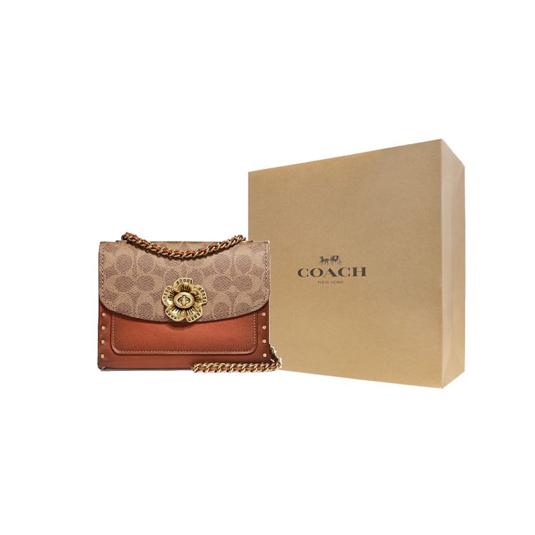 Coach Parker 18 Studded Camellia Chain Flap Shoulder Bag Coated Canvas And Calfskin Crossbody Bag Small Women Shoulder Bag Khaki Brown 30592-B4RU