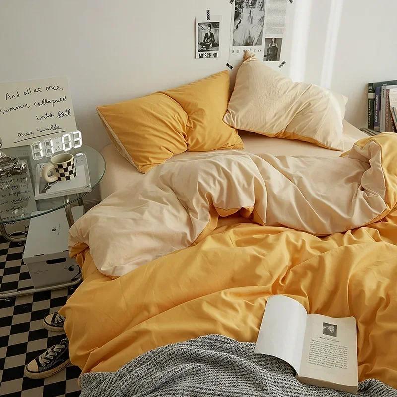 High Quality Solid Color Double Washed Cotton Bedding 4 Pieces Set Student Dormitory Bed Linen Duvet Set Bed Suit