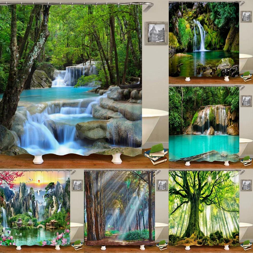 3d Printing Green Forest Waterfall Shower Curtains Waterproof Bathroom Curtain With Hooks Bath Curtain 180*200 Polyester Fabri