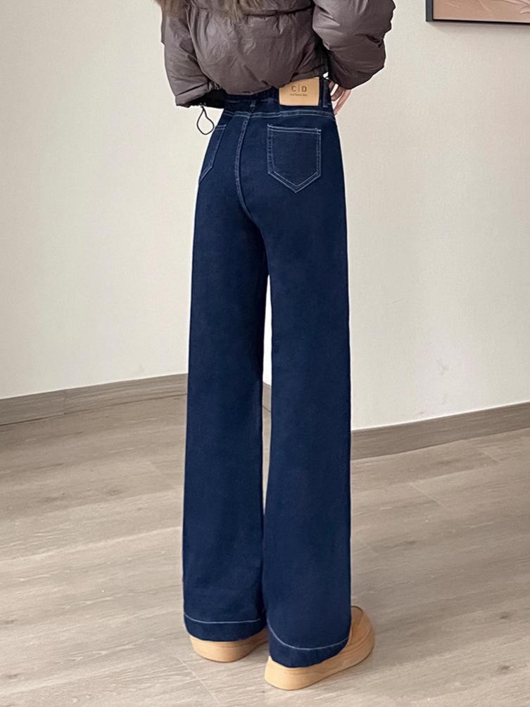 Fleece-Lined High-Waisted Women's Denim Blue Wide-Leg Jeans