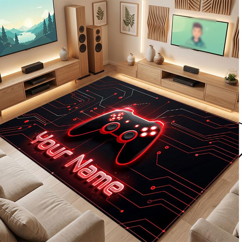 Tapis de sol en velours cristal thème manette de jeu Tapis chaud personnalisé avec nom texte Décoration de maison