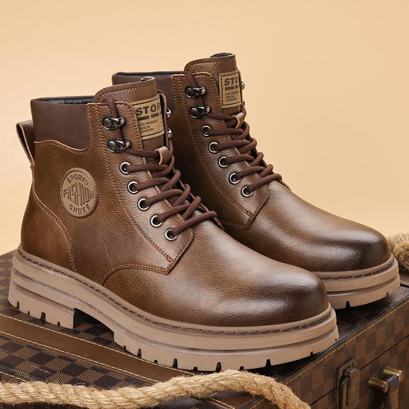 New Arrival Men High Top Shoes Outdoor Leather Ankle Boots Fashion Lace Up Motorcycle Boots Non-Slip Man Winter Plush Snow Botas