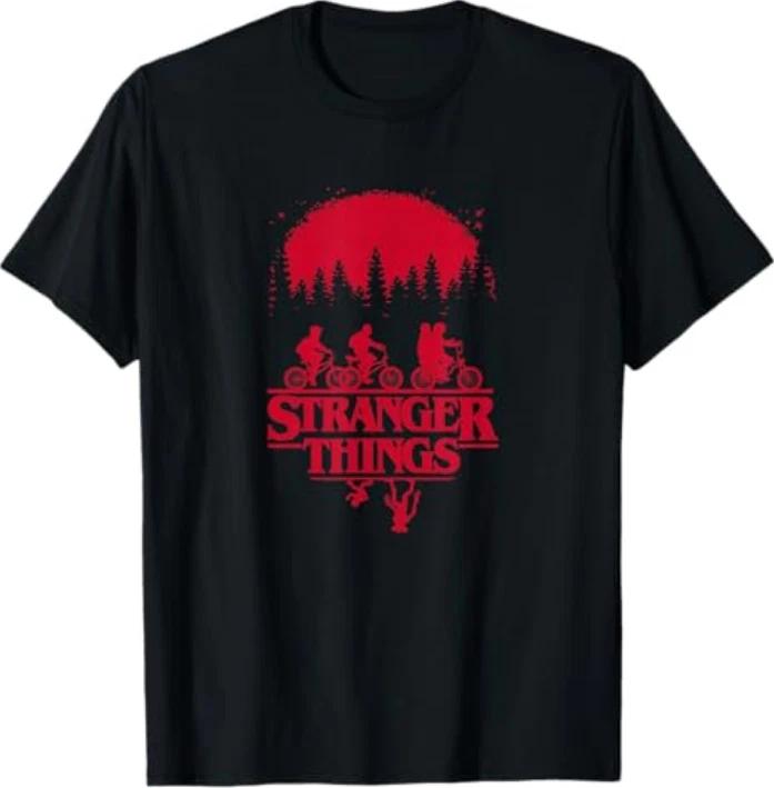 Stranger Things Group Shot Bike Ride Upside Down Silhouette 100% Cotton T-shirt Mens Tees Top
